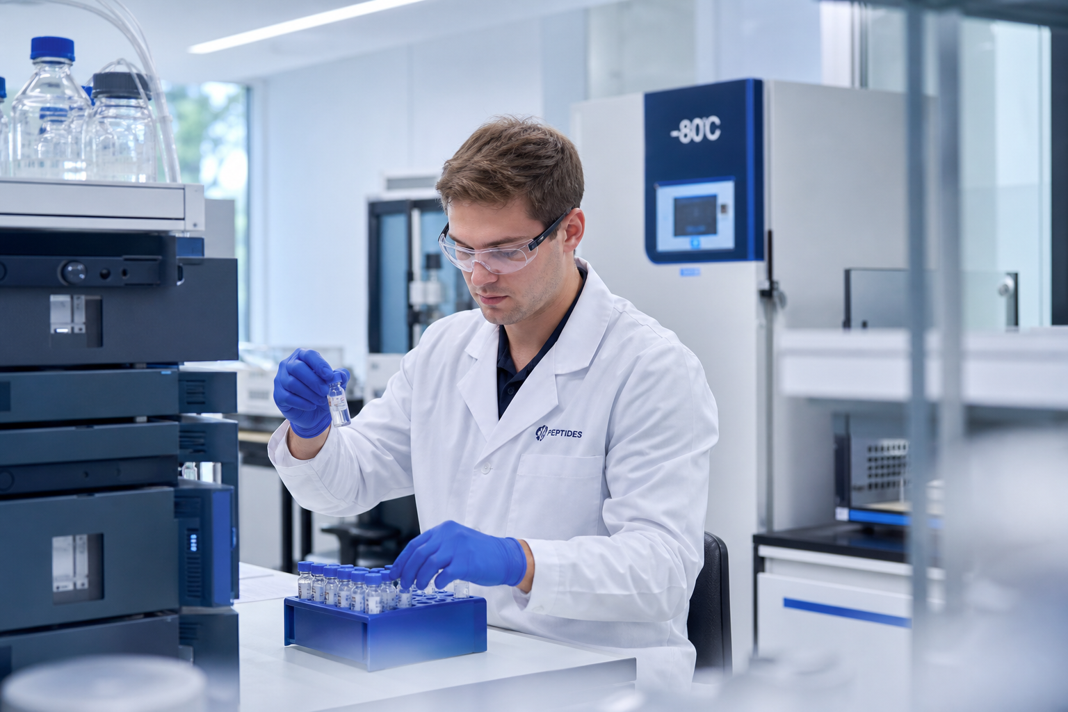 Laboratório profissional com técnico manuseando frascos